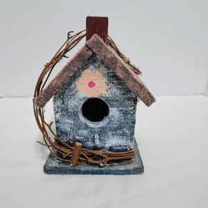 Rustic Decorative Birdhouse Blue White Distressed Flower Twig Vine Garden‎ Decor